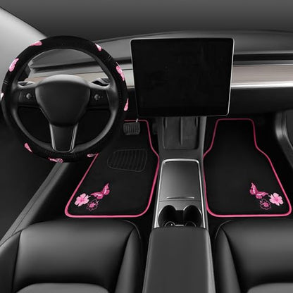 Embroidery Butterfly Steering Wheel Cover and Waterproof Car Floor Mats