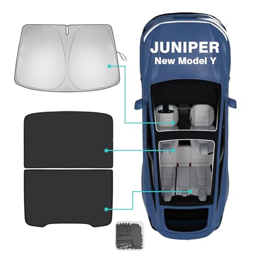 3PCS Windshield& Roof Sunshade Compatible with 2026 2025 Tesla New Model Y Juniper Foldable Sun Shade Accessory Heat UV Protection Visor Accessories with Storage Bag (3 Count)
