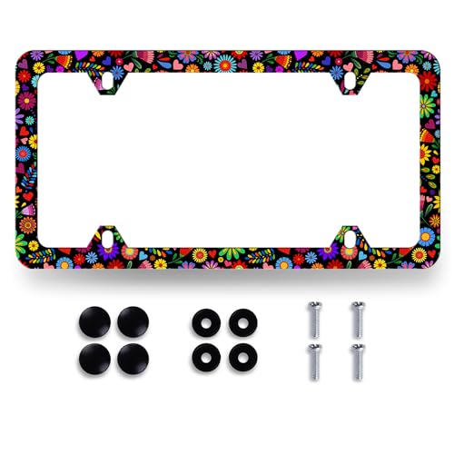 Stainless Steel Abstract Bright Flowers License Plate Frame 12.3X 6.3 Inch