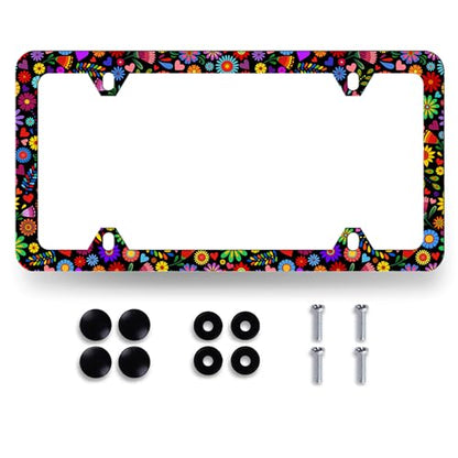 Stainless Steel Abstract Bright Flowers License Plate Frame 12.3X 6.3 Inch