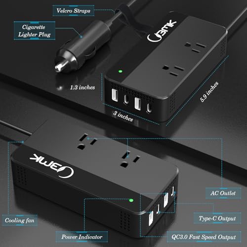 200W Car Power Inverter 12V DC to 110V AC Converter with 2 AC Outlets & 4 USB Ports