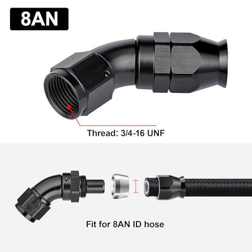 8AN 45 Degree PTFE One Piece Full Flow End Hose Fitting Aluminum Black