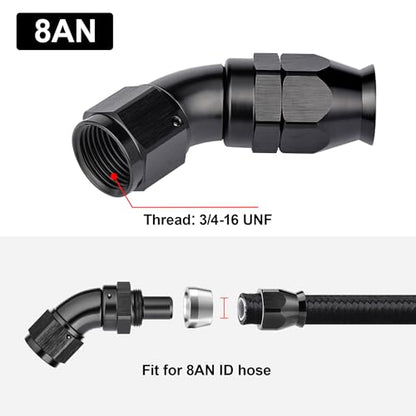 8AN 45 Degree PTFE One Piece Full Flow End Hose Fitting Aluminum Black