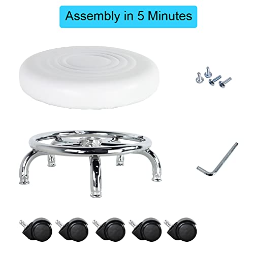 Modern Roller Seat PU Leather Foot Stool Low Round Rolling Stool 360° Step Stool Swivel Small Seat with Universal Wheels for Home Office Garage Shop Fitness Sport H：8.4" （White）