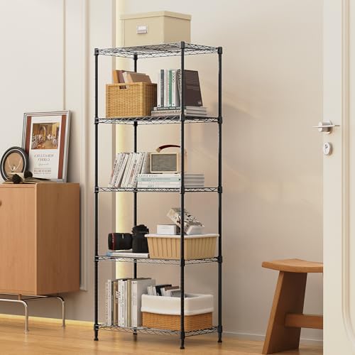 1250 lbs 5 Tier Shelf Metal Storage Shelves Wire Rack Closet Organizers with Wheel for Garage Kitchen Bathroom Laundry Black 13.7" D x 23.6" W x 62.4" H (5 Count)