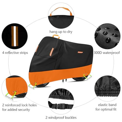 Powersports Vehicle Covers Black & Orange Waterproof Motorcycle Cover with Lock Holes 300D Oxford Heavy Duty Impermeable para Moto Scooter Cover 150cc Waterproof