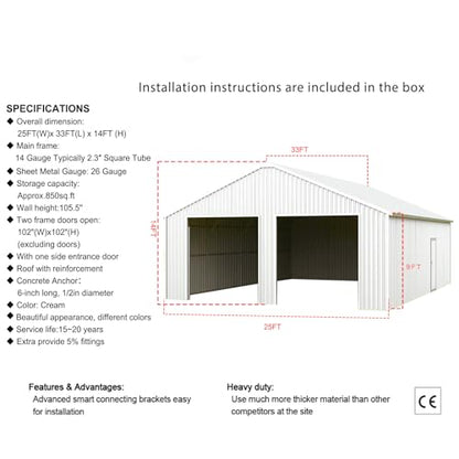 33FT x 25FT Metal Carport