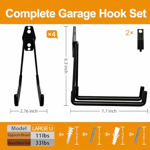 Garage Hooks 4 Pack 7.7inch Large Square Wall Hooks for Hanging Heavy Duty Ladders (4 Count)