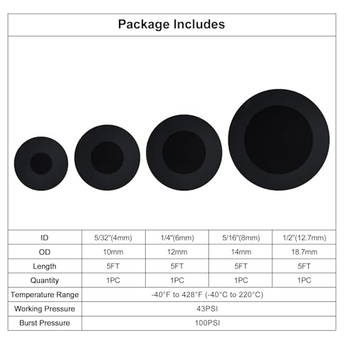 5/32 1/4 5/16 1/2 Silicone Vacuum Hose Line Kit 5FT, Black