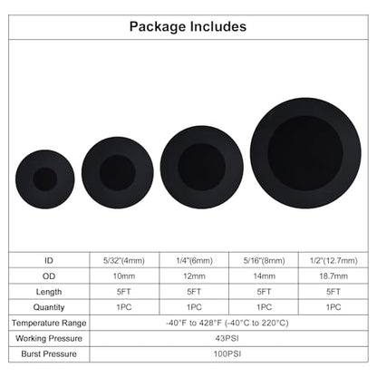 5/32 1/4 5/16 1/2 Silicone Vacuum Hose Line Kit 5FT, Black