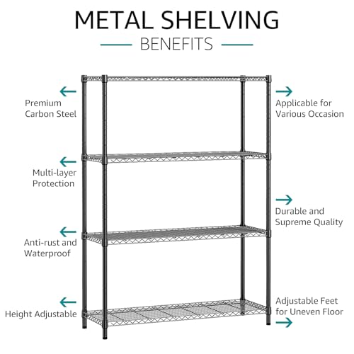 1400 LBS Garage Black Shelving Wide Storage Shelves 4 Tier Adjustable Heavy Duty Metal Wire Rack Standing Shelf Unit for Kitchen Office College Dorm Garage Warehouse 15.8" x 45.8"x 59.4"