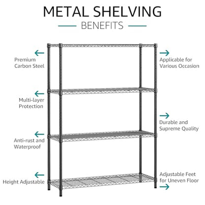 1400 LBS Garage Black Shelving Wide Storage Shelves 4 Tier Adjustable Heavy Duty Metal Wire Rack Standing Shelf Unit for Kitchen Office College Dorm Garage Warehouse 15.8" x 45.8"x 59.4"