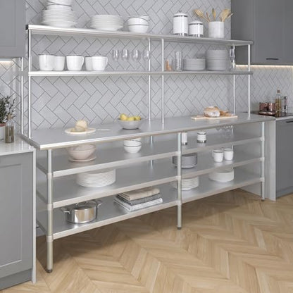 24" x 96" Stainless Steel Work Table with 3 Shelves and 12" Wide Double Tier Overshelf