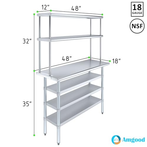 18" x 48" Stainless Steel Work Table with 3 Shelves and 12" Wide Double Tier Overshelf