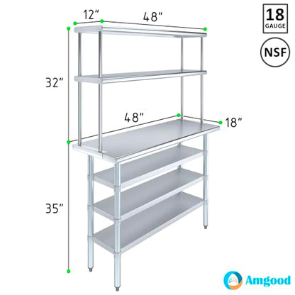 18" x 48" Stainless Steel Work Table with 3 Shelves and 12" Wide Double Tier Overshelf