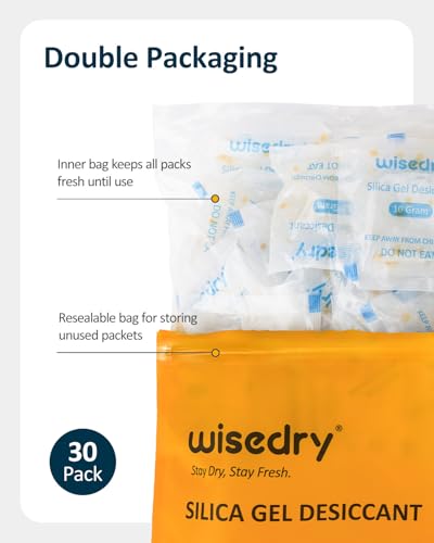 10 Gram [30 Packs] Silica Gel Desiccant Packets Reusable for Moisture with Color Indicating Rechargeable Small Dessicant Packs Food Grade