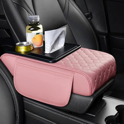 5-in-1 Center Console Cover Organizer Armrest Cover Cushion Pad with Cup Holder, Storage Pocket and Tissue Holder for Car, Grid, Rose-Tinted