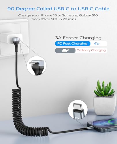 90 Degree Coiled USB C to C Cable for Car 6FT (2 Count)