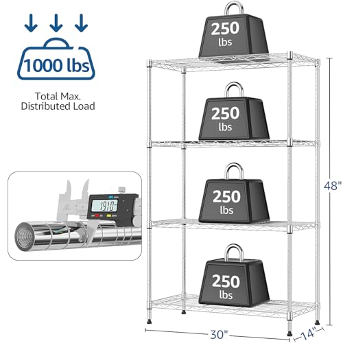 1000 lbs 4Tier Shelf Metal Storage Shelves Wire Rack Closet Organizers with Wheel for Garage Kitchen Bathroom Laundry Chrome 13.7" D x 29.5" W x 47.2" H (4 Count)