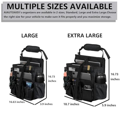 Front & Seat back organizer with dedicated tablet and 15.6 IN laptop storage stabilizers external stabilizing side straps soft adjustable shoulder straps hardened buckle