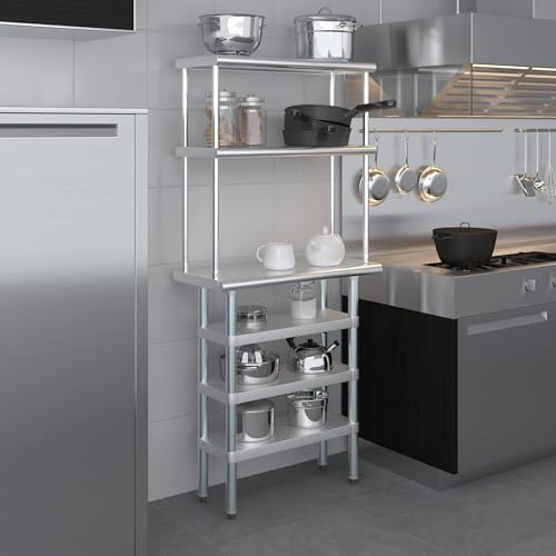 14" x 30" Stainless Steel Work Table with 3 Shelves and 12" Wide Double Tier Overshelf