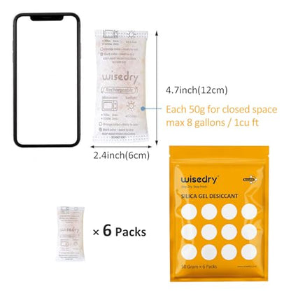 Rechargeable Silica Gel Sachets 50g [6 Packs] Food Grade Silica Gel Packets Orange to Green Indicating Desiccant Sachets Fast Reactivate Desiccant Bags for Food Medication Books (7.0548 Ounce)