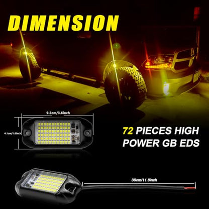 4Pods Pure Yellow 72 LEDs SMD Chips 72w High Power Rock Lights Super Bright Yellow Offroad Car Boat Underglow Lights IP68 Waterproof for Truck SUV UTV ATV RZR
