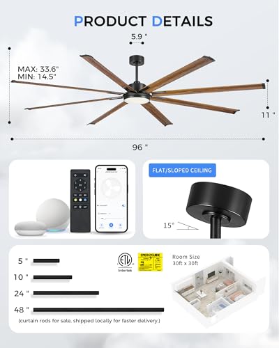 96 Inch Large Ceiling Fan with Light