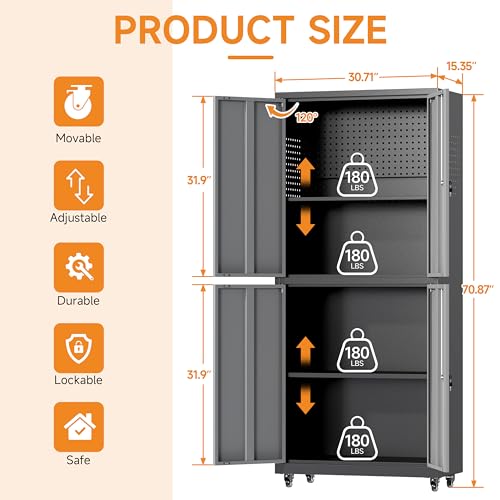 71" H Metal Tool Storage Cabinet with Lock and Wheels