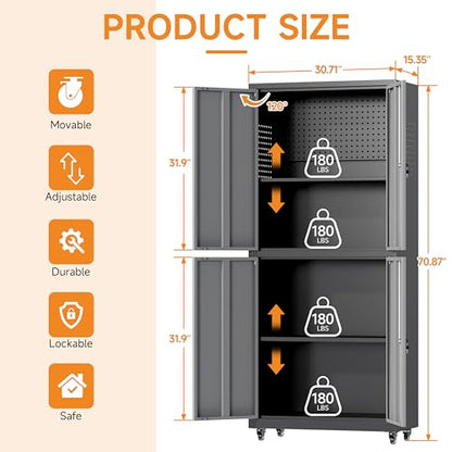 71" H Metal Tool Storage Cabinet with Lock and Wheels