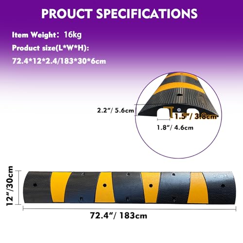 Rubber Speed Bump 6 Feet Rubber Driveway Modular Heavy Duty Speed 72.4 x 12 x 2.4 Inch Cable Protector Ramp for Garage Gravel Roads Asphalt Concrete (12 Foot)