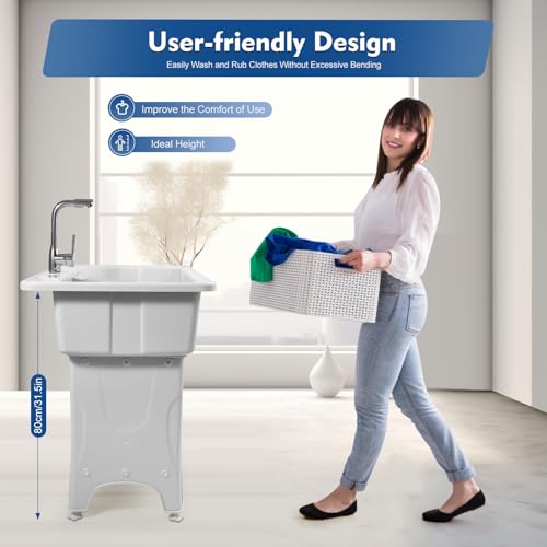 Freestanding Utility Sink Plastic Laundry Tub Spacious Sink with Storage Shelf Indoor Outdoor Wash Station for Bathroom Washing Room