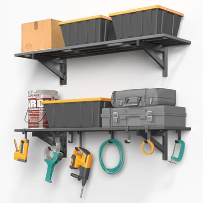 2 Pack Heavy Duty Garage Wall Shelving with 8 Hooks (2 Count)