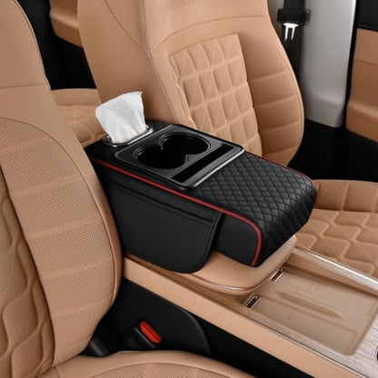 Center Console Cover Booster Multifunctional Center Console Cushion Pad with Cup Holder & Tissue Box & Side Pockets Arm Rest Cover for Car