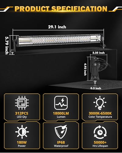 LED Light Bar 30 Inch 180W 6 Modes Amber White Offroad Strobe Light