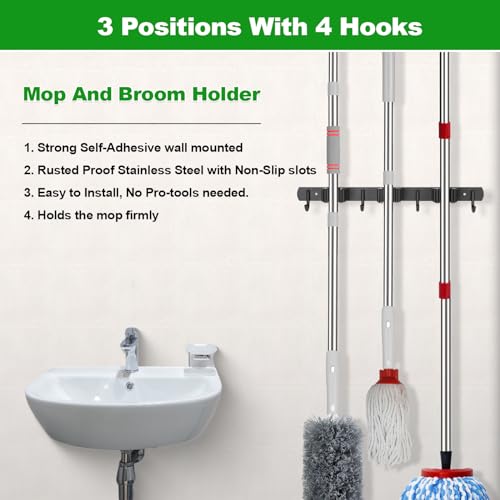 3 Racks and 4 Hooks Mop and Broom Holder Wall Mount
