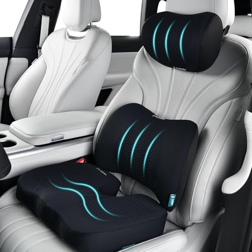 3 PCS Seat Cushion for Carseat Lumbar Support Pillow Car Neck Headrest Pillows Memory Foam Gel Memory Foam Massage Point Seat Pads Pressure Relief Back Cushion for Office Chair (3 Count)