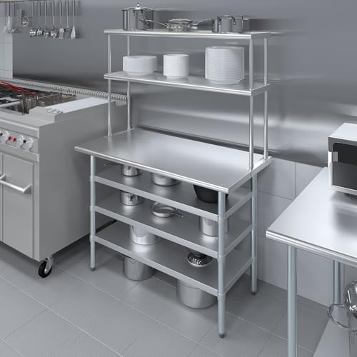 24" x 48" Stainless Steel Work Table with 3 Shelves and 12" Wide Double Tier Overshelf