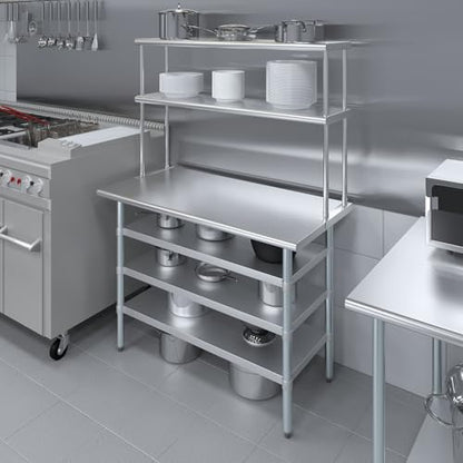 24" x 48" Stainless Steel Work Table with 3 Shelves and 12" Wide Double Tier Overshelf