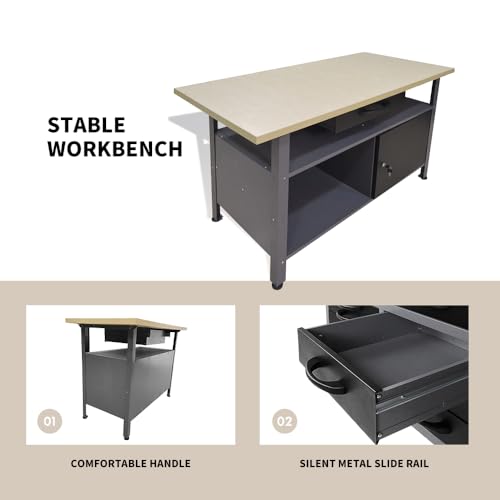 Garage Tool Storage Cabinet Workbench Desk with Wood Top