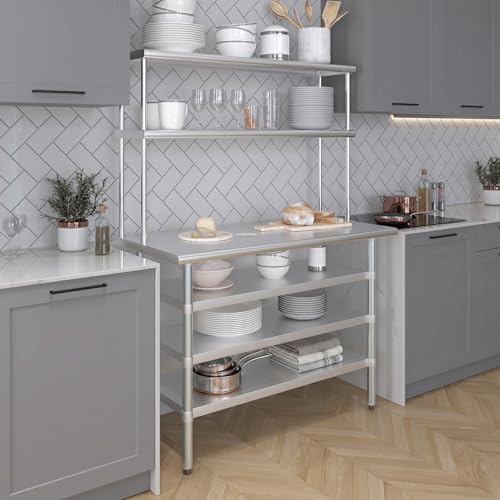24" x 48" Stainless Steel Work Table with 3 Shelves and 12" Wide Double Tier Overshelf