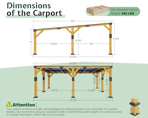 20x20x9.2 FT Heavy Duty Cedar Wood Carport for 2 Cars