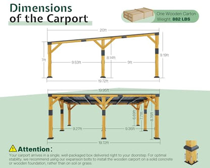 20x20x9.2 FT Heavy Duty Cedar Wood Carport for 2 Cars