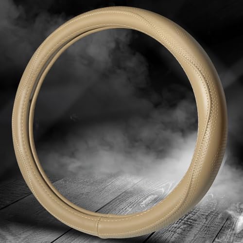 Top Grade Beige Genuine Leather Steering Wheel Cover Men Women