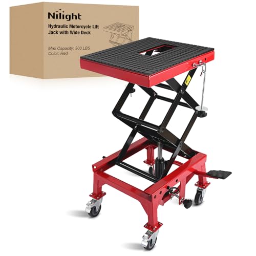 Motorcycle Lift Table Jack 300 LBS Heavy Duty Hydraulic Motorcycle Scissor Jack Lifts Table Foot Pedal with 4 Caster Wheels Wide Deck for Motorbike Dirt Bike ATV Garage Repair Tool