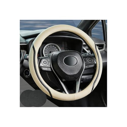 Beige Steering Wheel Cover with Coasters Leather Universal 15 inch