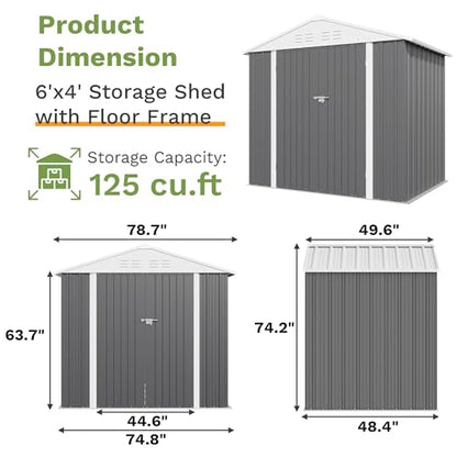6x4 FT Outdoor Storage Shed with Floor Frame