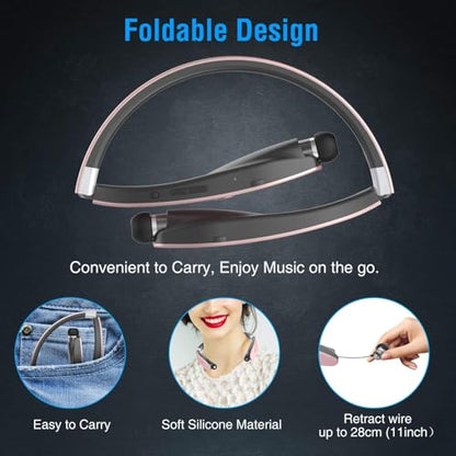 Foldable Bluetooth Headphones Wireless Neckband Headset with Retractable Earbuds