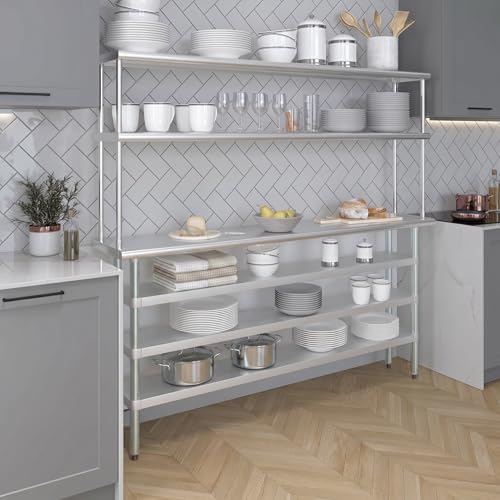 14" x 72" Stainless Steel Work Table with 3 Shelves and 12" Wide Double Tier Overshelf