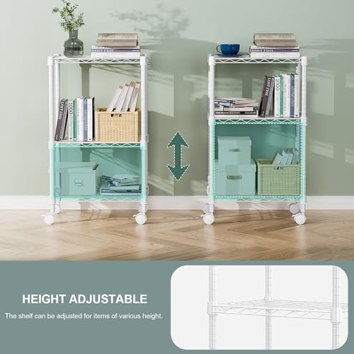 3 Tier Shelf Metal Storage Shelves Wire Rack Closet Organizers with Wheel for Garage Kitchen Bathroom Laundry White 11.8" D x 17.7" W x 29.8" H (3 Count)